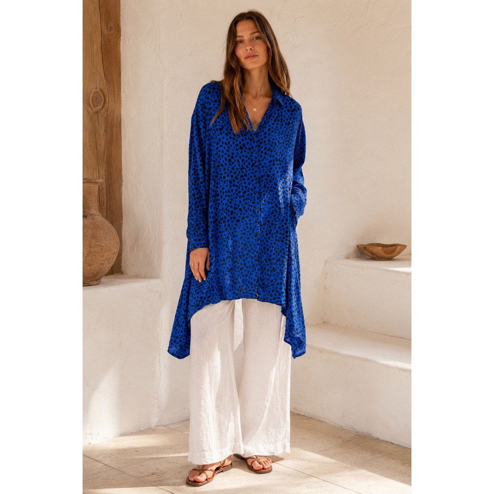 Alembika Blue Black Print Midi Dress‎ Button Down Sharkbite Hem Tunic Top 6 XL